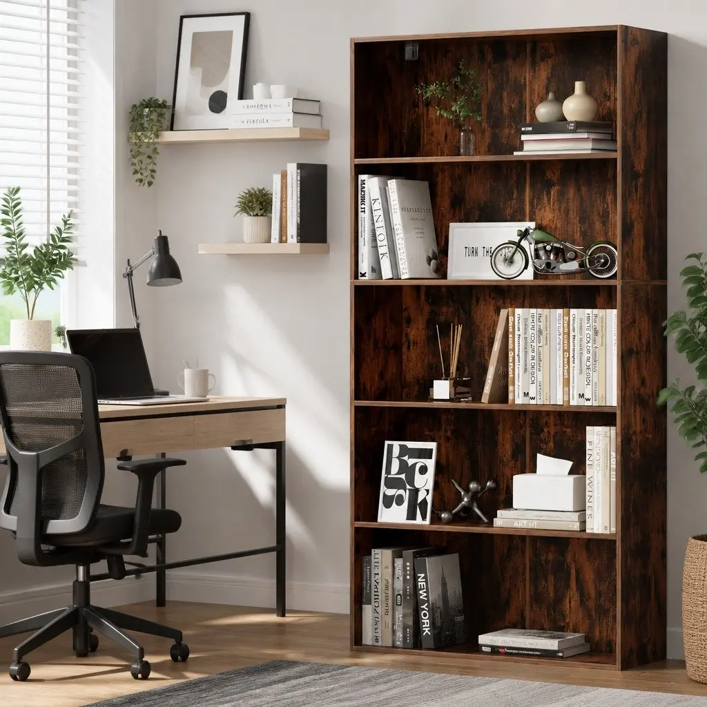 5-Tier Brown Bookshelf for Living Room Display
