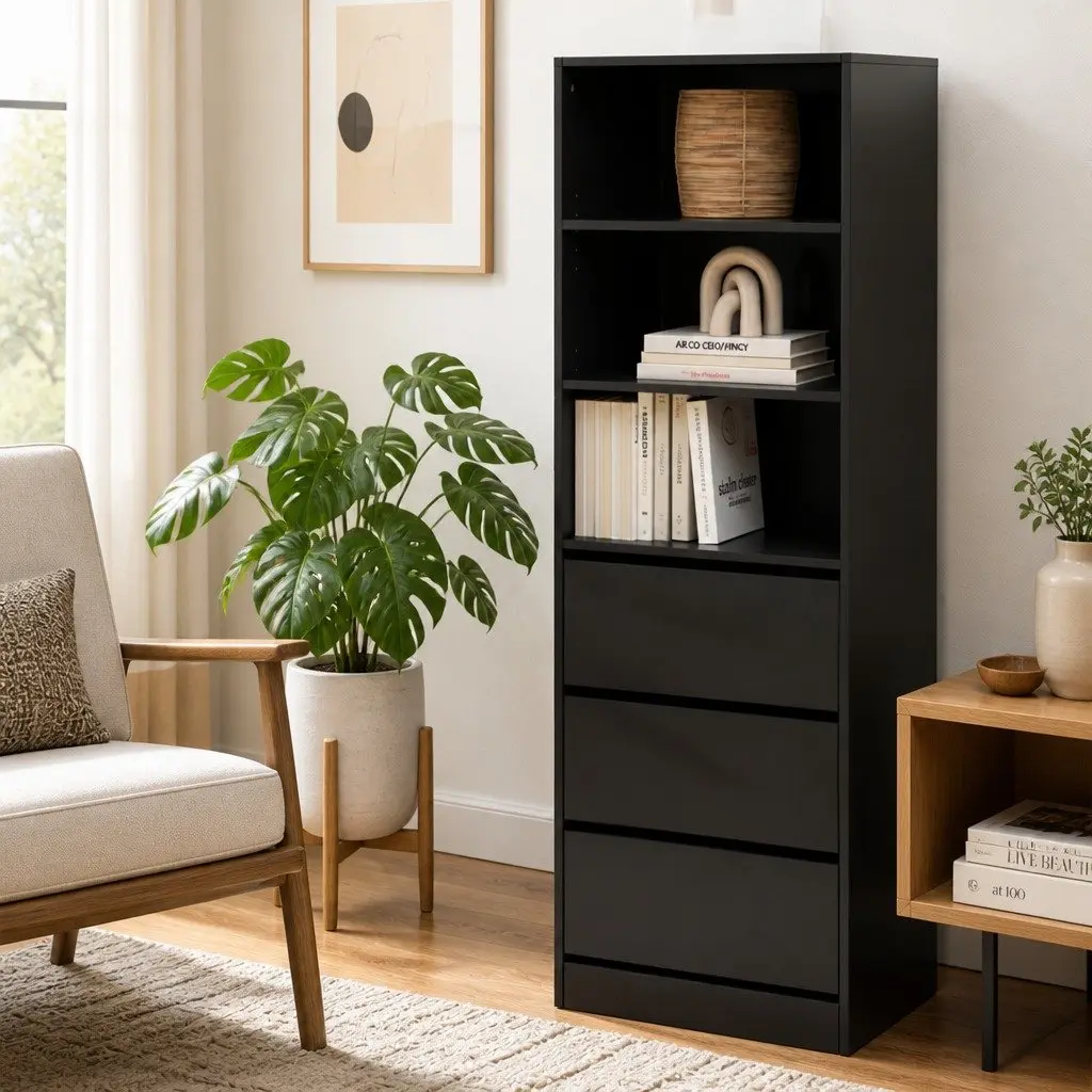 Black Tallboy Chest of Drawers with 3 Shelves