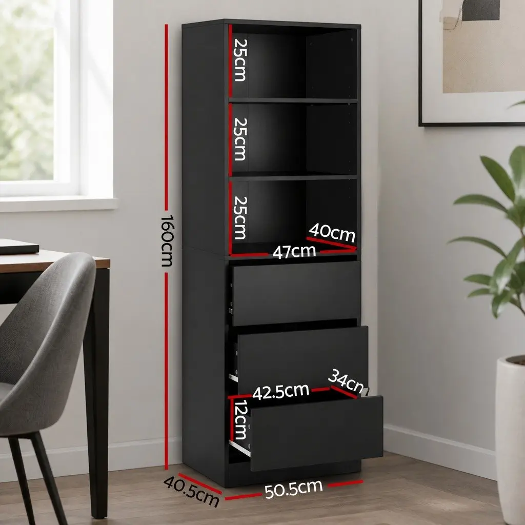 Black Tallboy Chest of Drawers with 3 Shelves