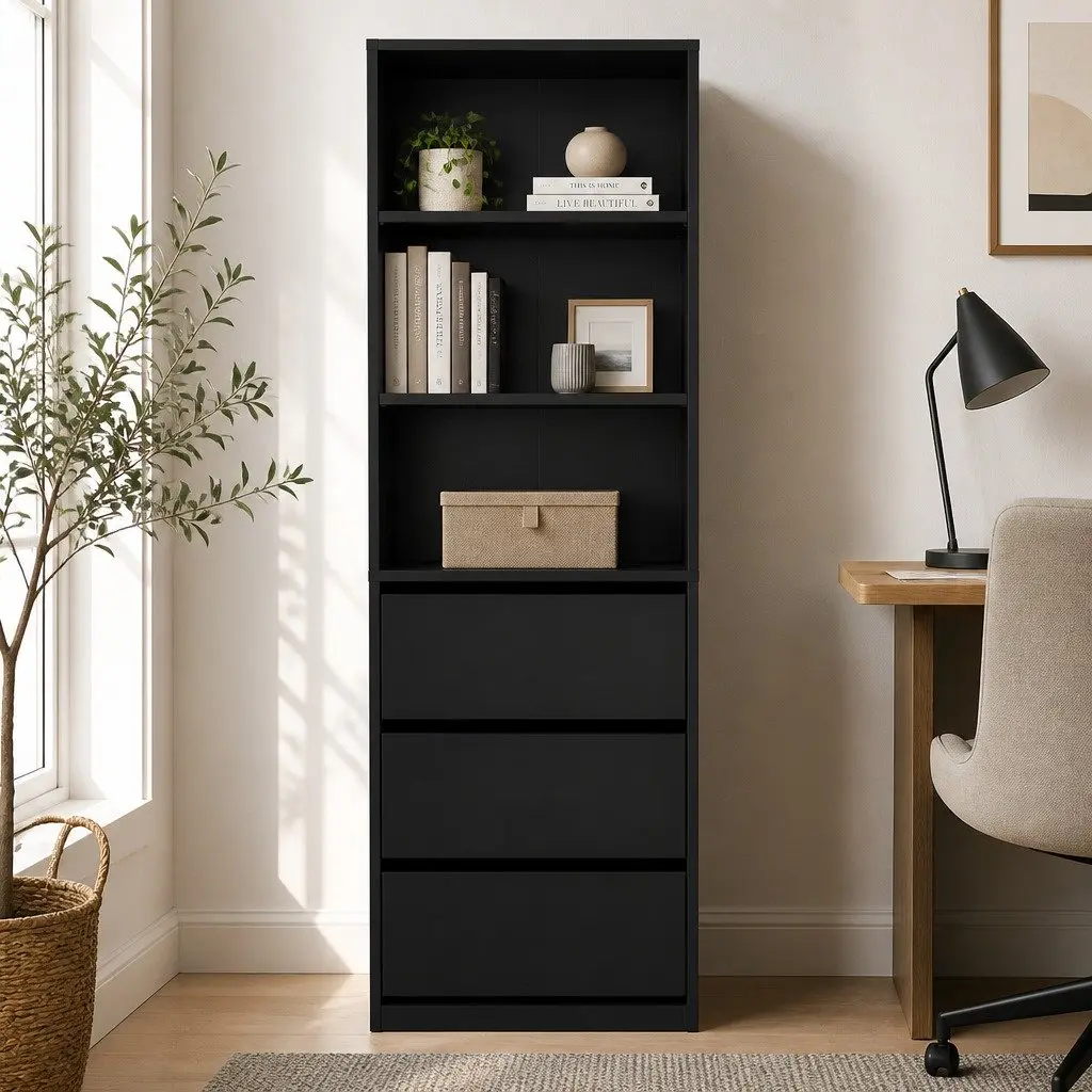 Black Tallboy Chest of Drawers with 3 Shelves