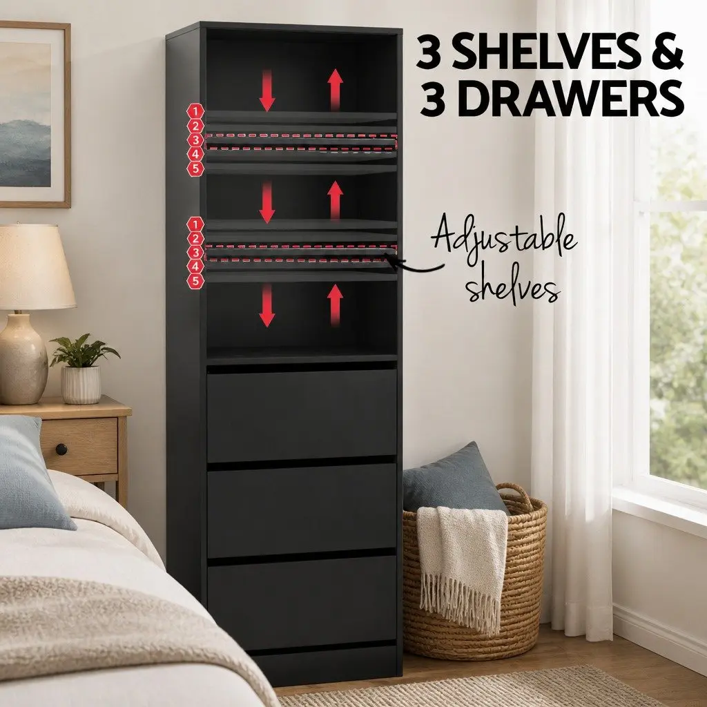 Black Tallboy Chest of Drawers with 3 Shelves