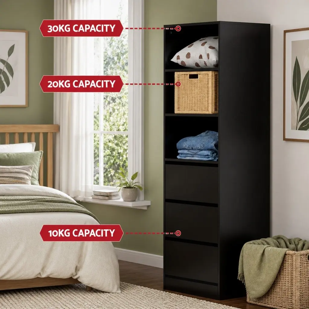 Black Tallboy Chest of Drawers with 3 Shelves