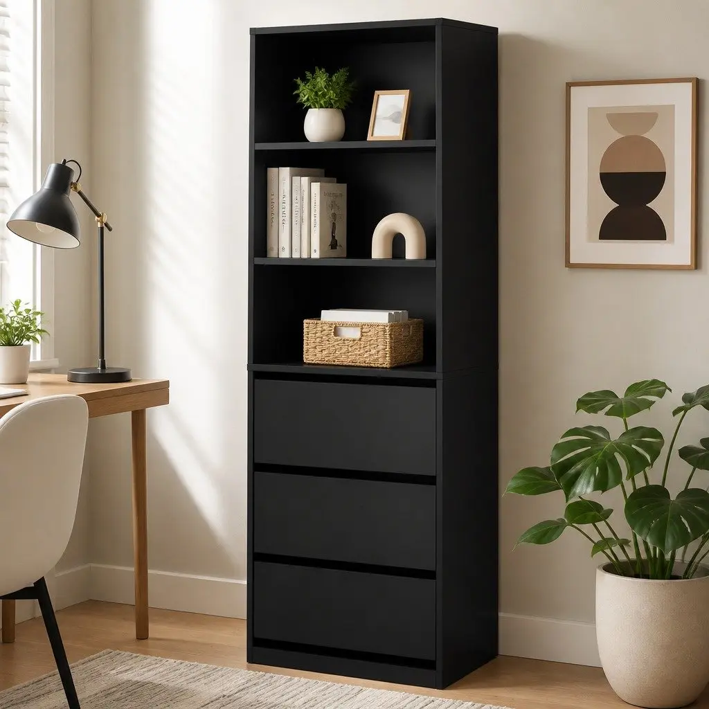 Black Tallboy Chest of Drawers with 3 Shelves