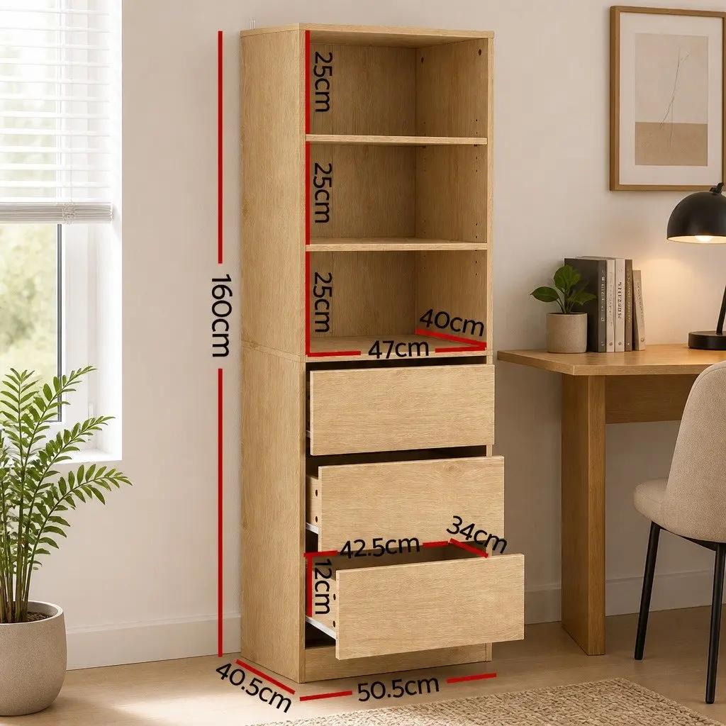 Tallboy Storage Cabinet Pine 3 Drawer Chest of Drawers Bedroom Furniture