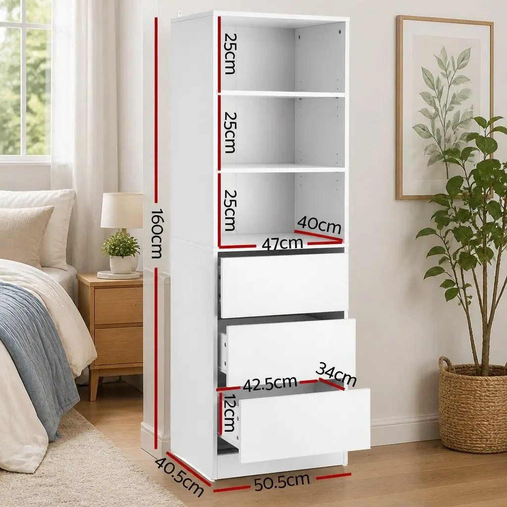 White 3 Drawer Tallboy Chest for Bedroom Storage
