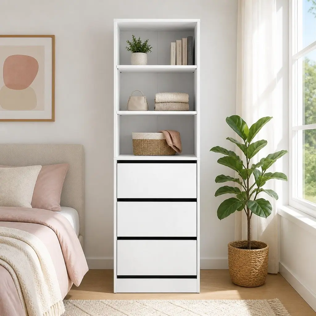 White 3 Drawer Tallboy Chest for Bedroom Storage
