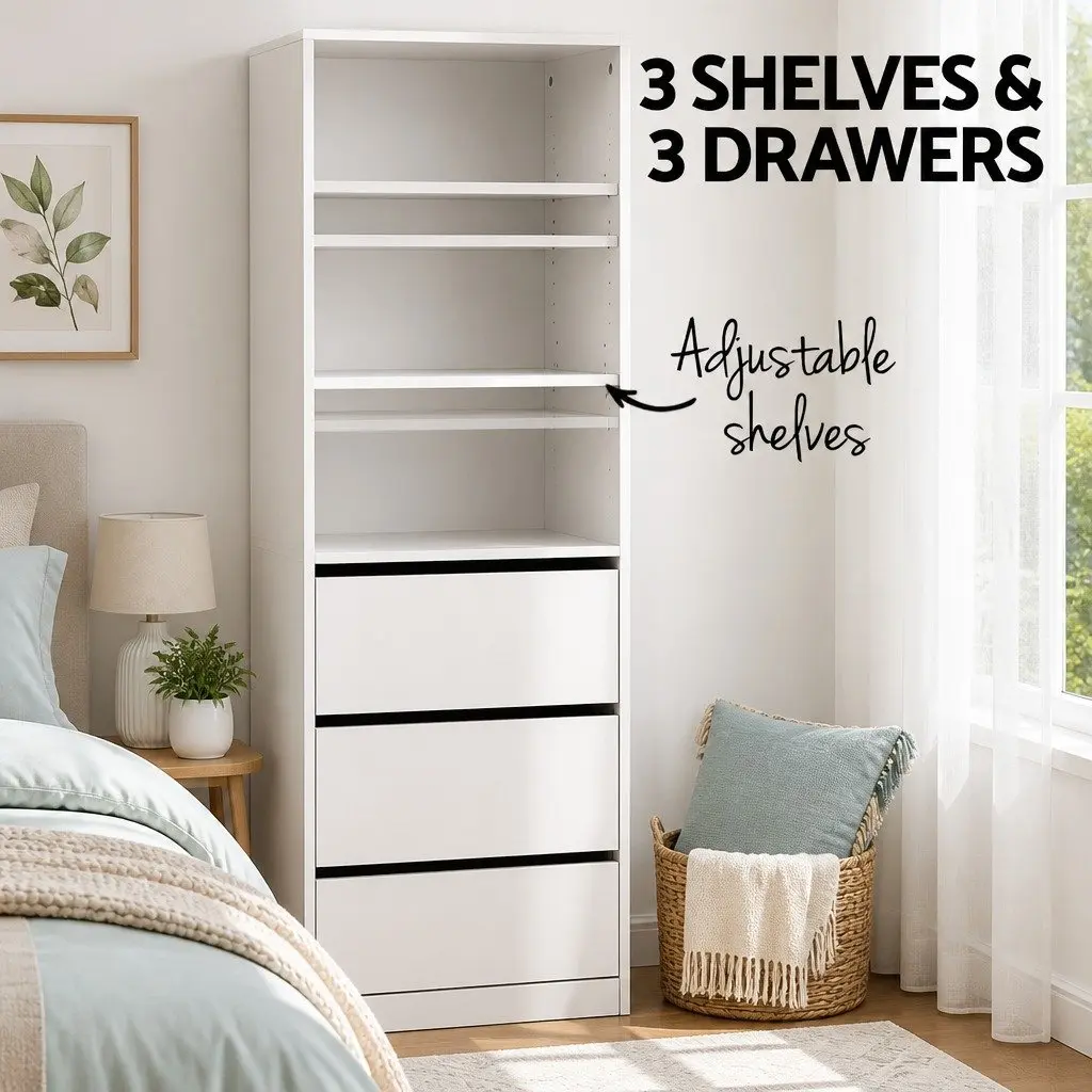 White 3 Drawer Tallboy Chest for Bedroom Storage