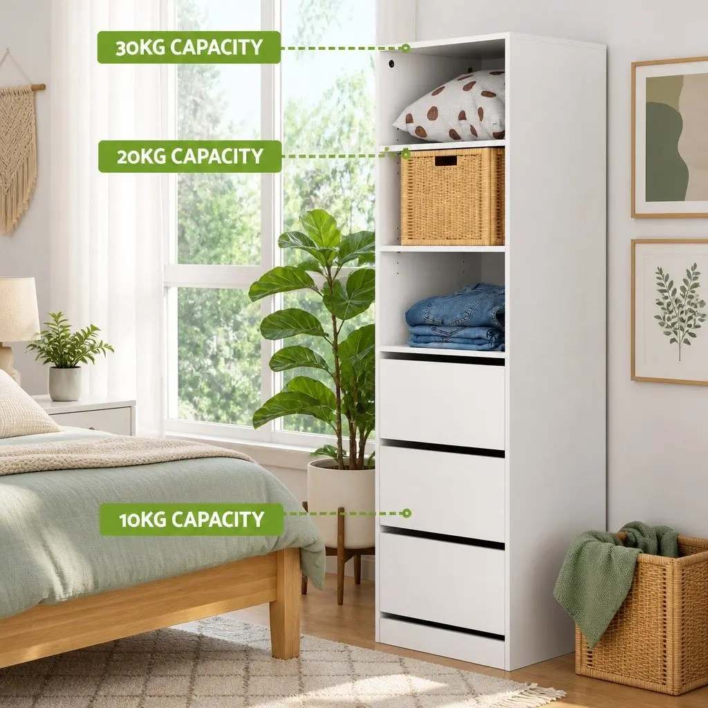 White 3 Drawer Tallboy Chest for Bedroom Storage