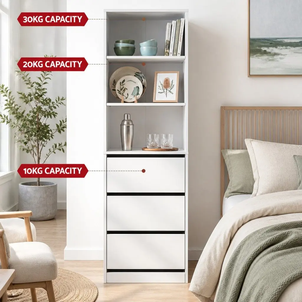 White Chest of Drawers Tallboy Cabinet 2 Piece Set 3 Drawer Storage Bedroom