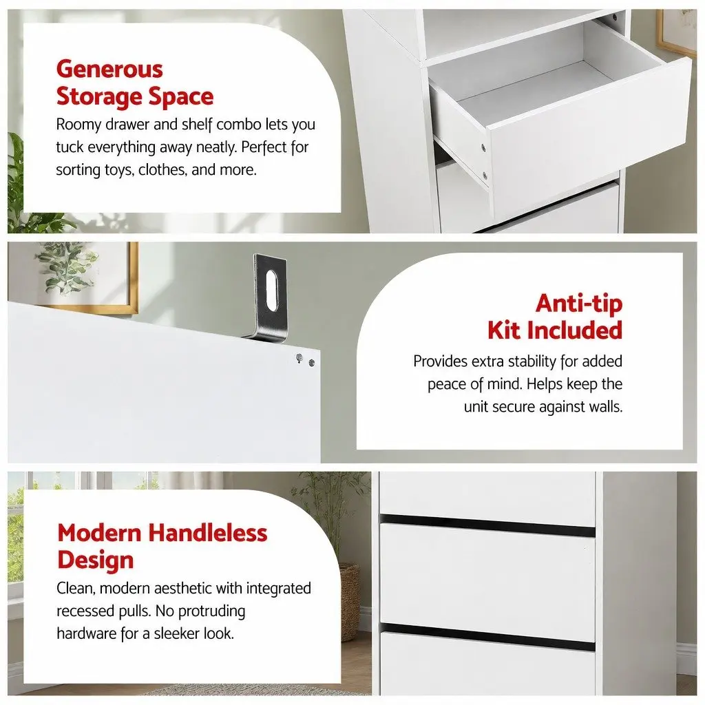 White Chest of Drawers Tallboy Cabinet 2 Piece Set 3 Drawer Storage Bedroom