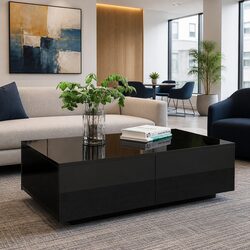 Coffee Table with 4 Drawers Black Modern Living Room Storage Furniture
