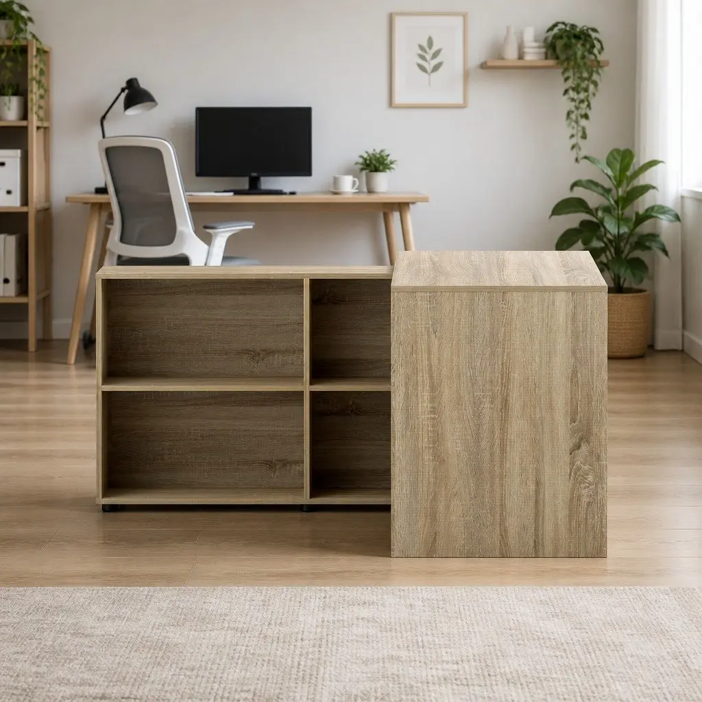 Oak Computer Desk with 4-Compartment Bookcase