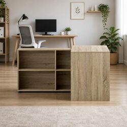 Oak Computer Desk with 4-Compartment Bookcase