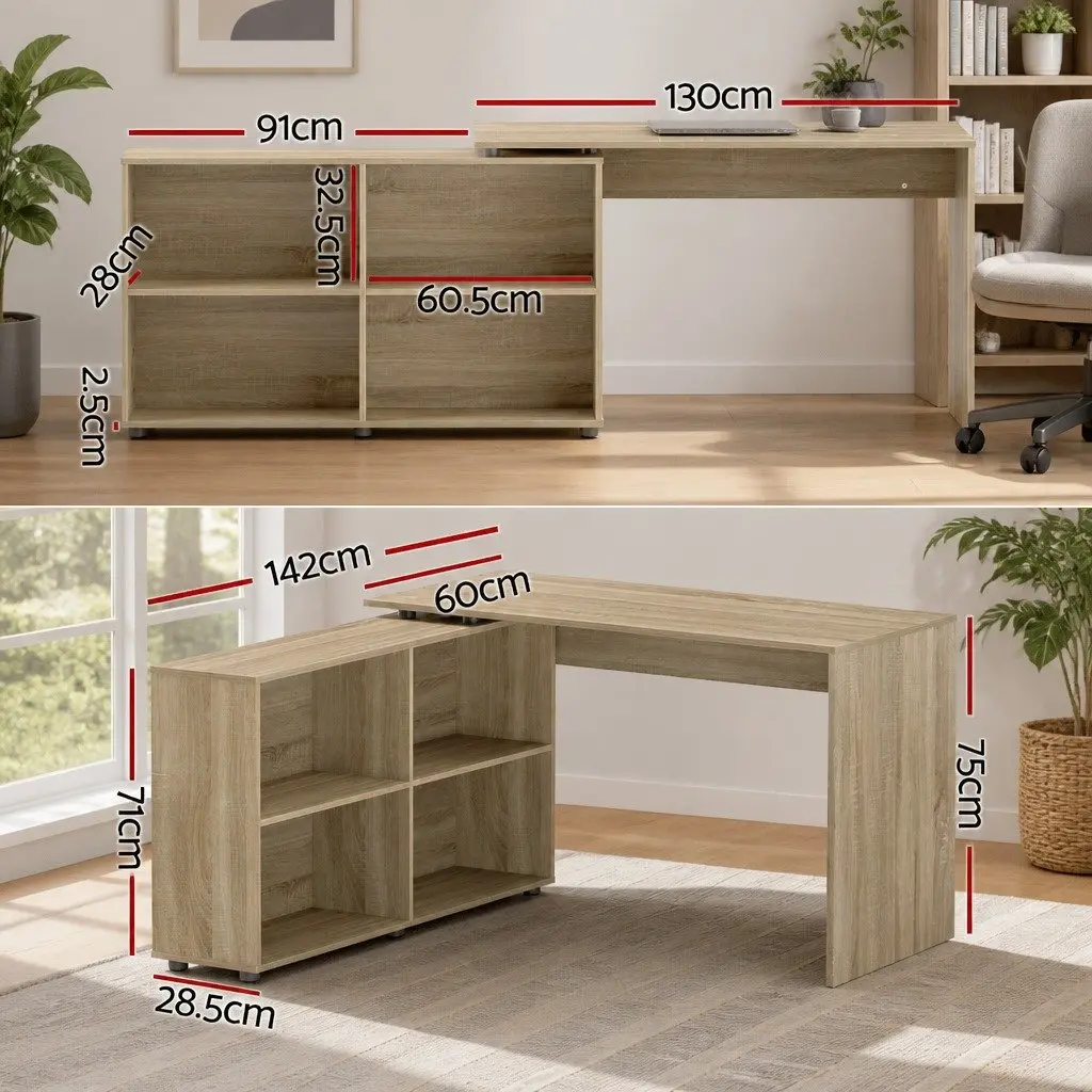 Oak Computer Desk with 4-Compartment Bookcase
