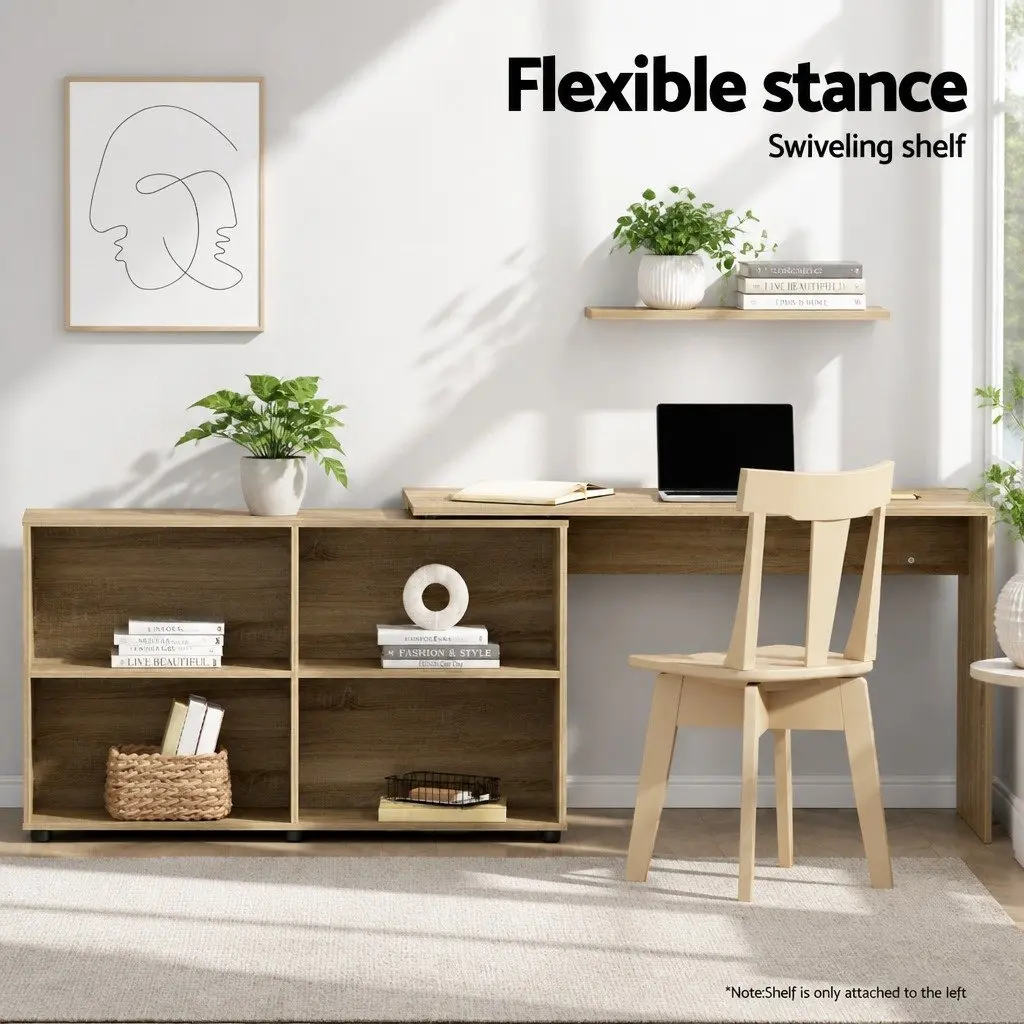 Oak Computer Desk with 4-Compartment Bookcase