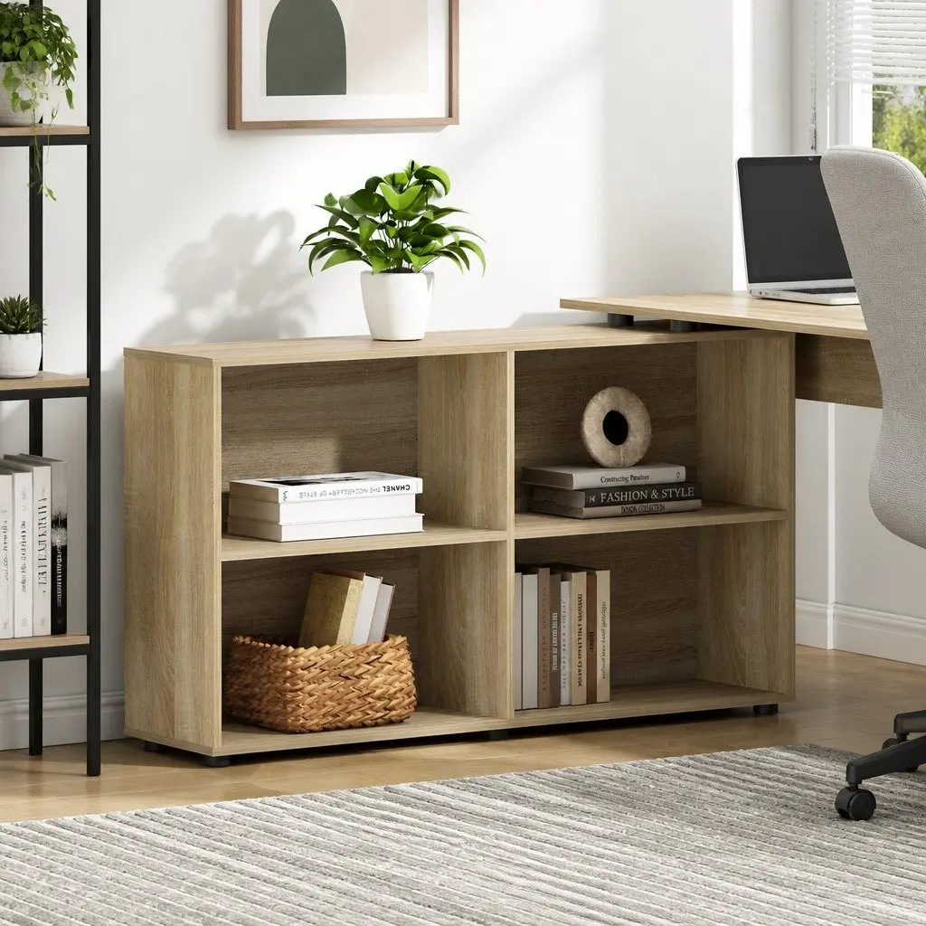 Oak Computer Desk with 4-Compartment Bookcase