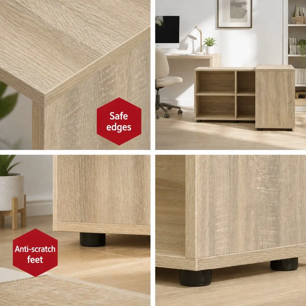 Oak Computer Desk with 4-Compartment Bookcase