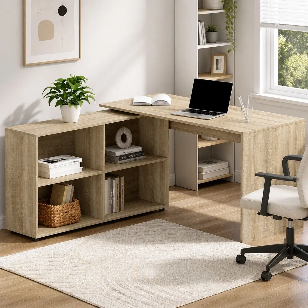 Oak Computer Desk with 4-Compartment Bookcase