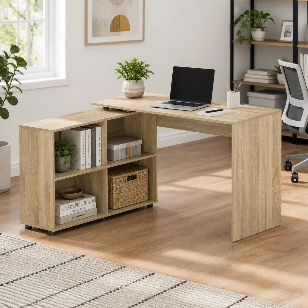 Oak Computer Desk with 4-Compartment Bookcase