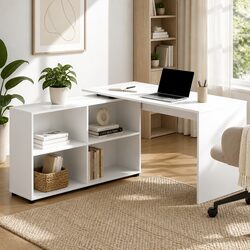 White L-Shaped Computer Desk with Swivel Bookshelf