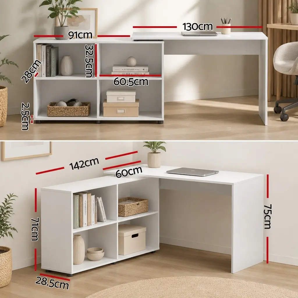 White L-Shaped Computer Desk with Swivel Bookshelf
