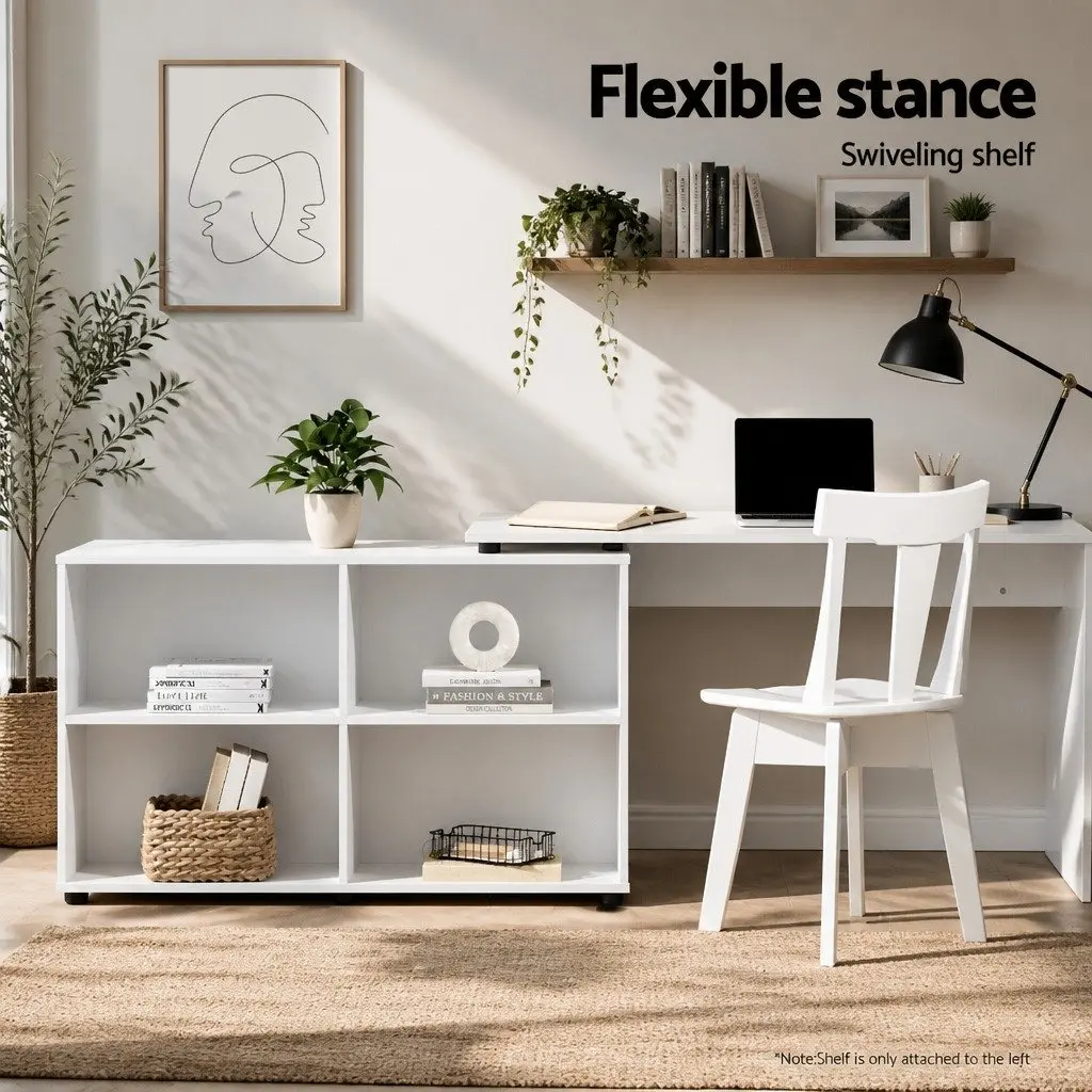 White L-Shaped Computer Desk with Swivel Bookshelf