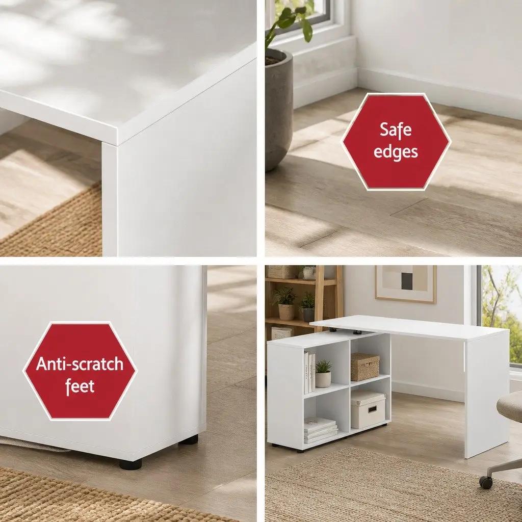 White L-Shaped Computer Desk with Swivel Bookshelf