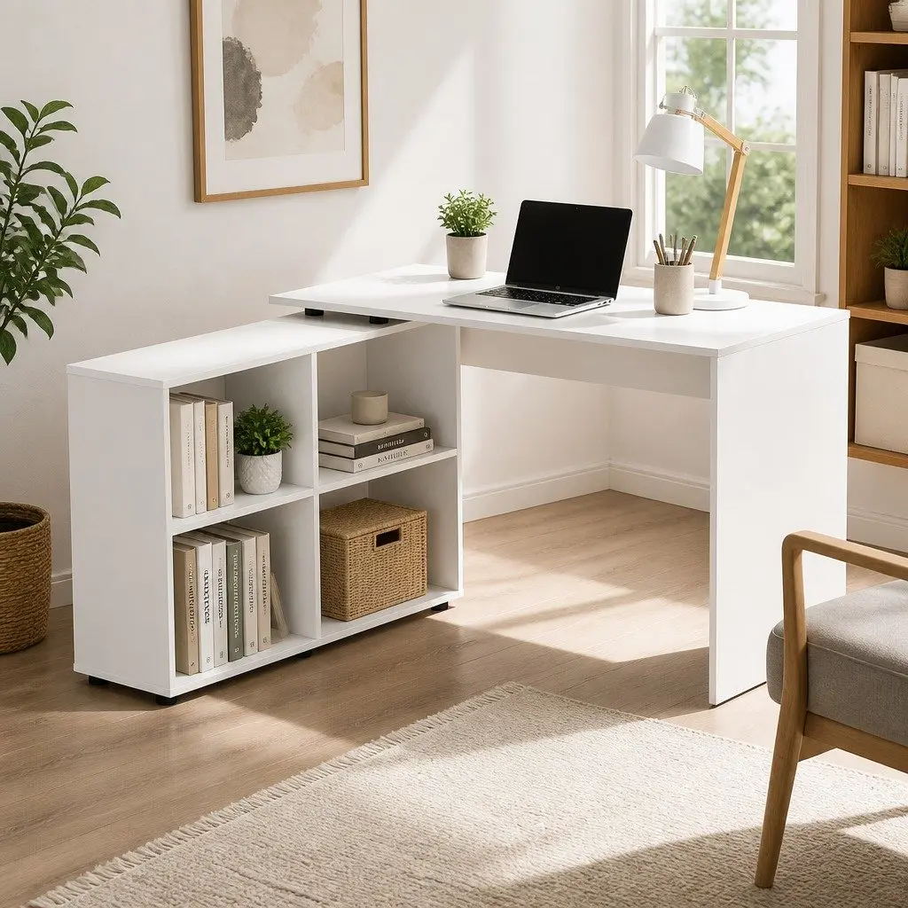 White L-Shaped Computer Desk with Swivel Bookshelf