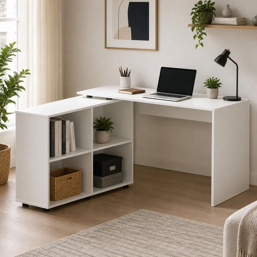White L-Shaped Computer Desk with Swivel Bookshelf
