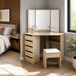 Elegant Oak Dressing Table Stool Set with 5 Drawers