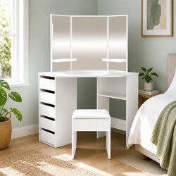 Corner Dressing Table Stool Set with 5 Drawers and Mirror