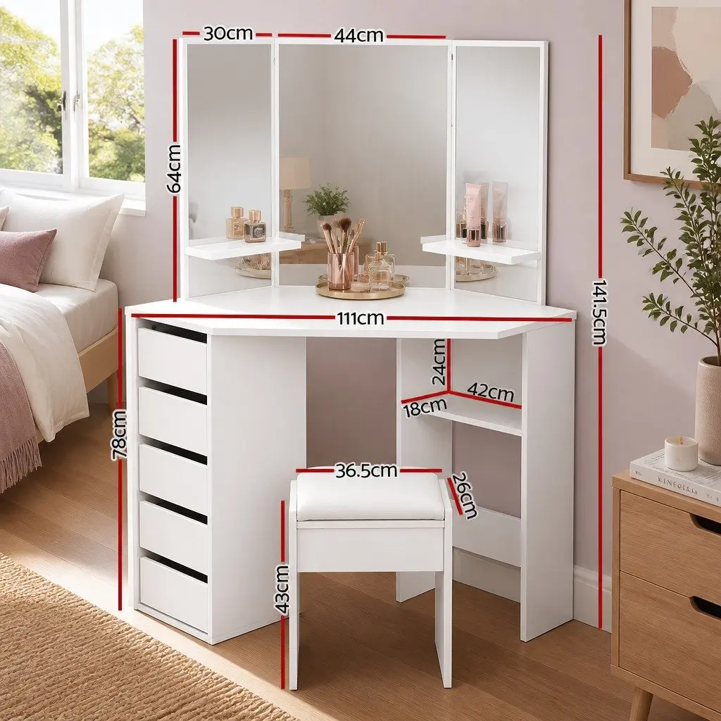 Dressing Table Stool Set Corner White 5 Drawers 3 Panel Mirror Bedroom Furniture