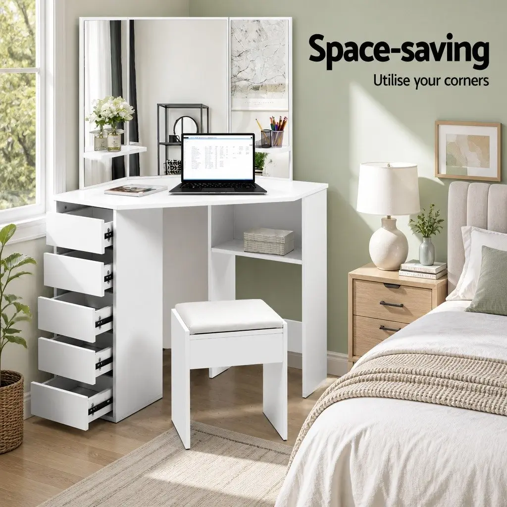 Dressing Table Stool Set Corner White 5 Drawers 3 Panel Mirror Bedroom Furniture