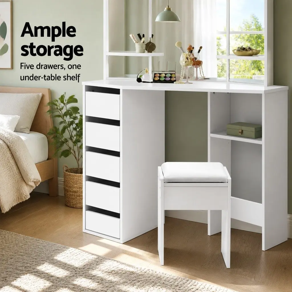 Dressing Table Stool Set Corner White 5 Drawers 3 Panel Mirror Bedroom Furniture
