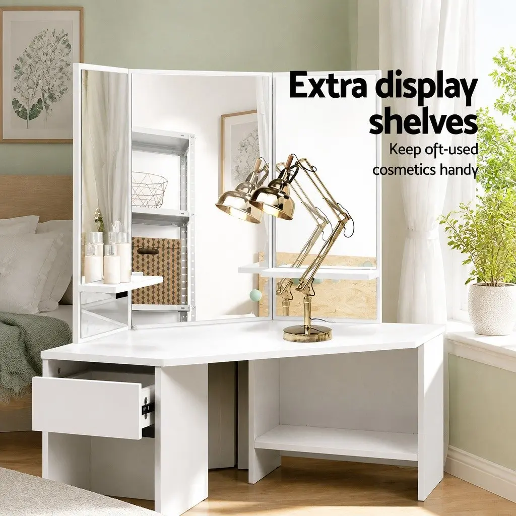 Dressing Table Stool Set Corner White 5 Drawers 3 Panel Mirror Bedroom Furniture