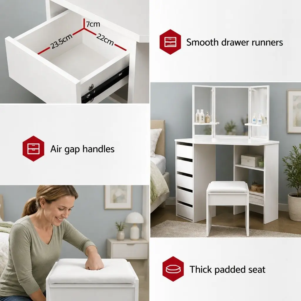 Dressing Table Stool Set Corner White 5 Drawers 3 Panel Mirror Bedroom Furniture