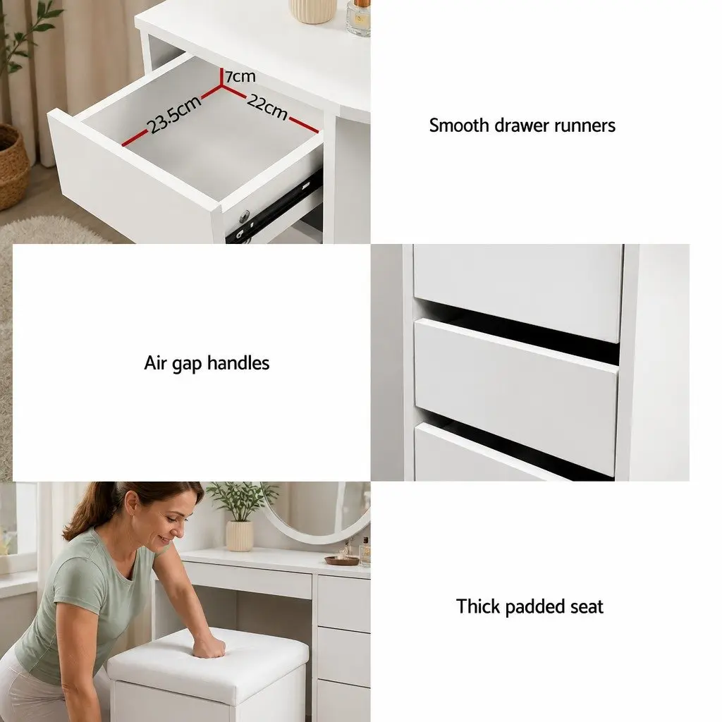 Dressing Table Stool Set Corner White 5 Drawers 3 Panel Mirror Bedroom Furniture