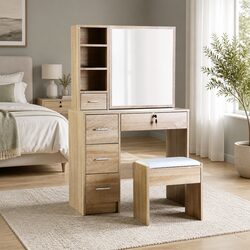 Elegant Oak Dressing Table Stool Set with Sliding Mirror