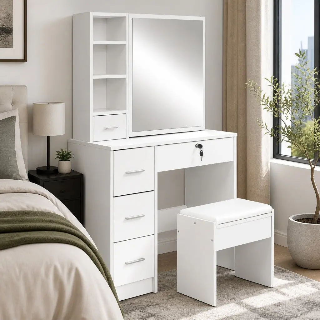 White Dressing Table Stool Set with Storage