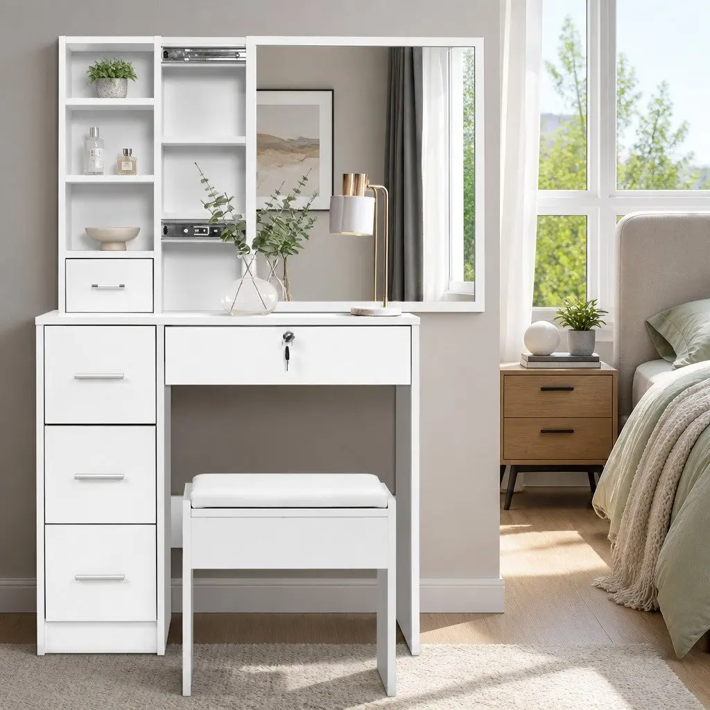 White Dressing Table Stool Set with Storage