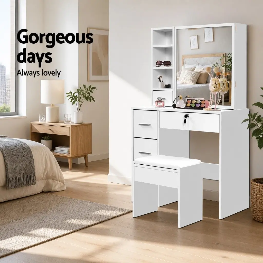 White Dressing Table Stool Set with Storage