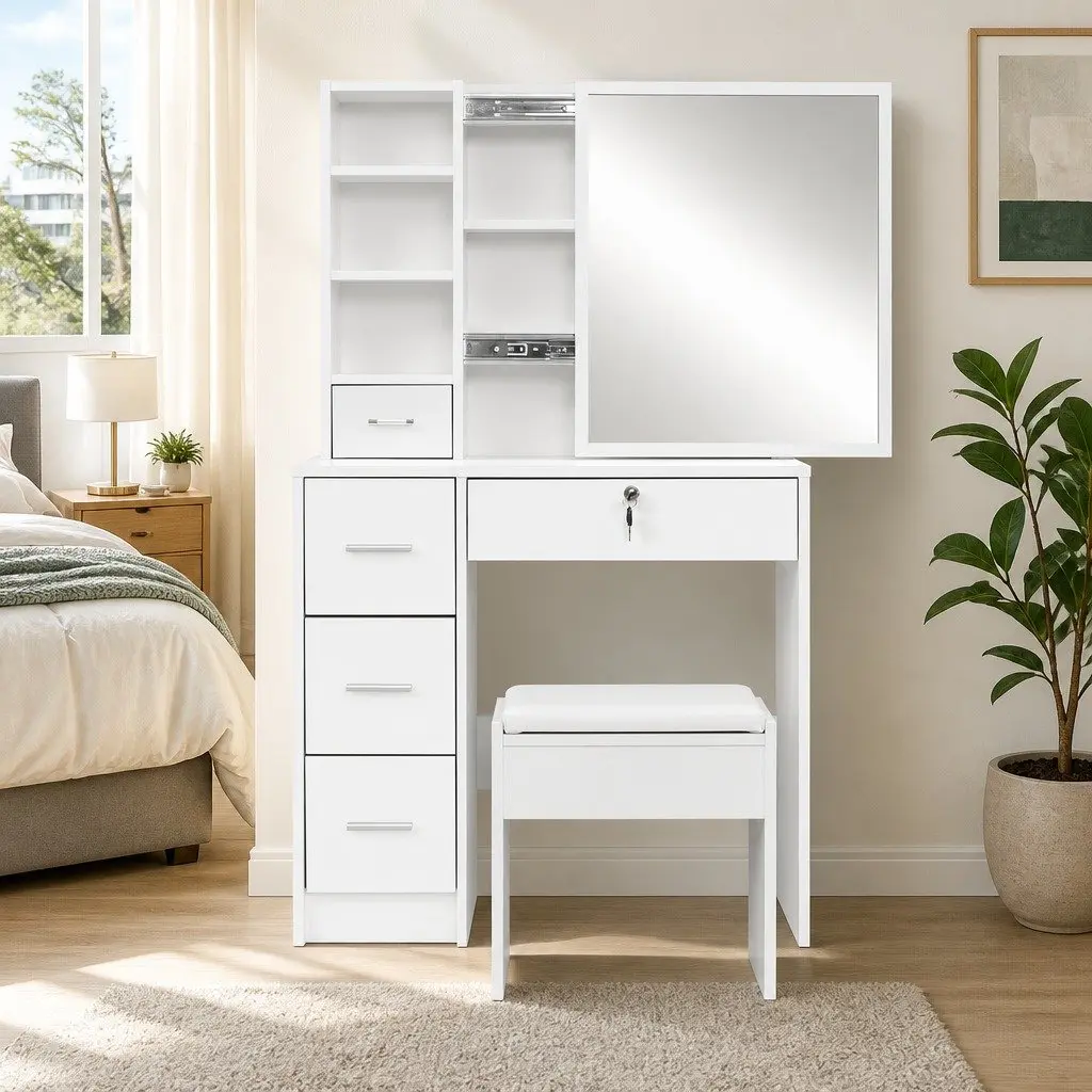 White Dressing Table Stool Set with Storage