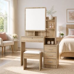 Oak Dressing Table and Stool Set with Mirror