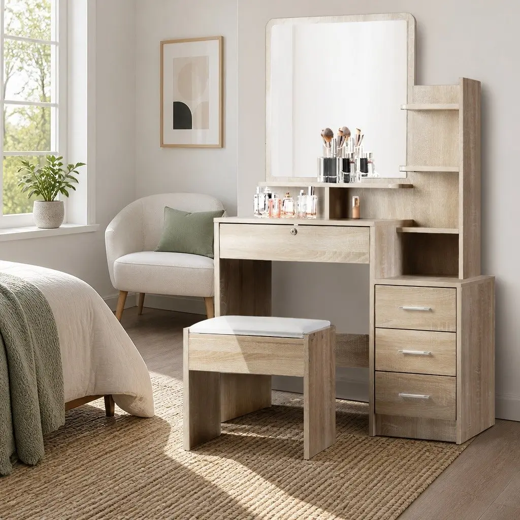 Oak Dressing Table and Stool Set with Mirror