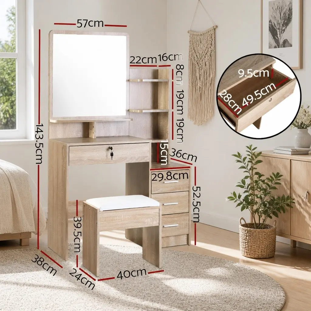 Oak Dressing Table and Stool Set with Mirror