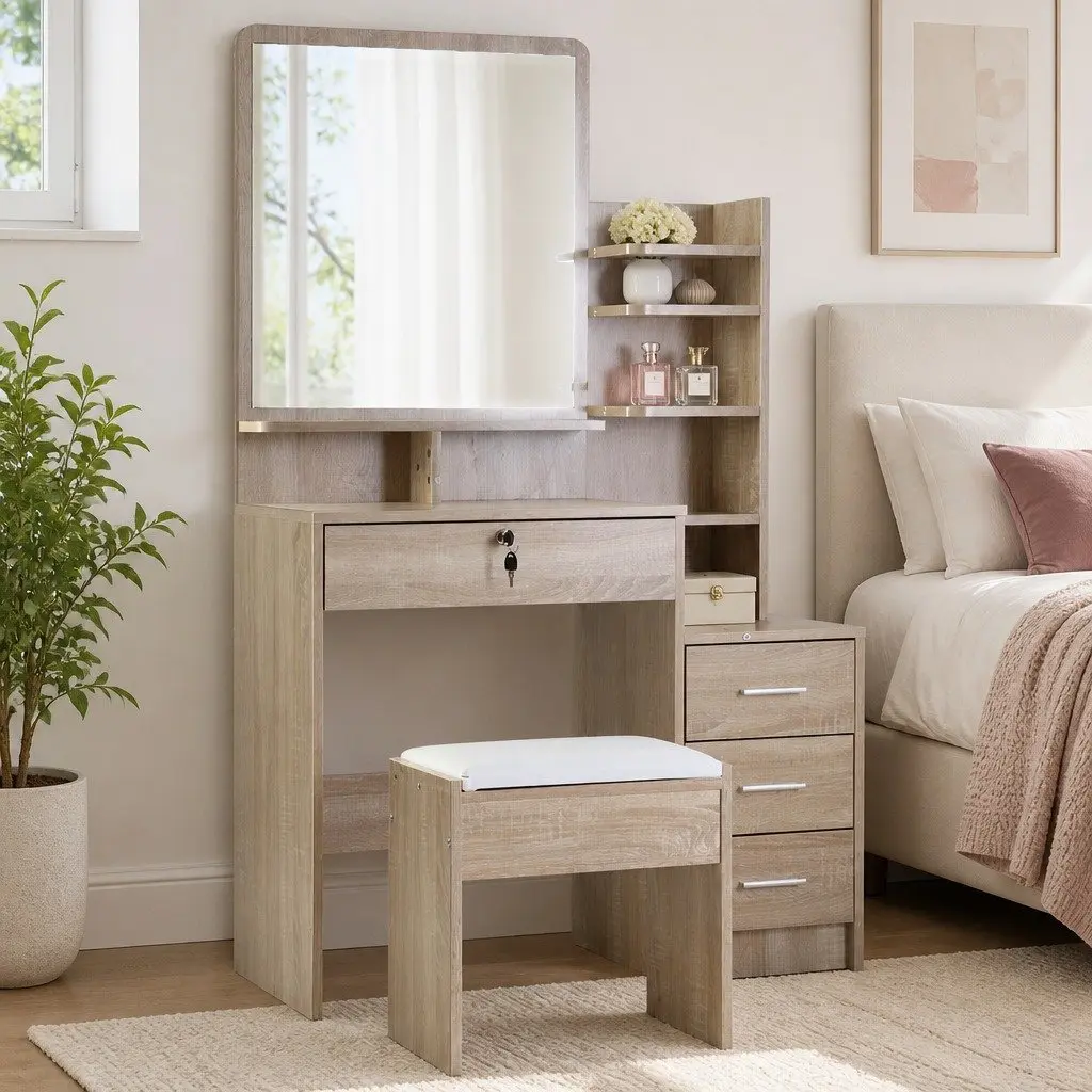 Oak Dressing Table and Stool Set with Mirror