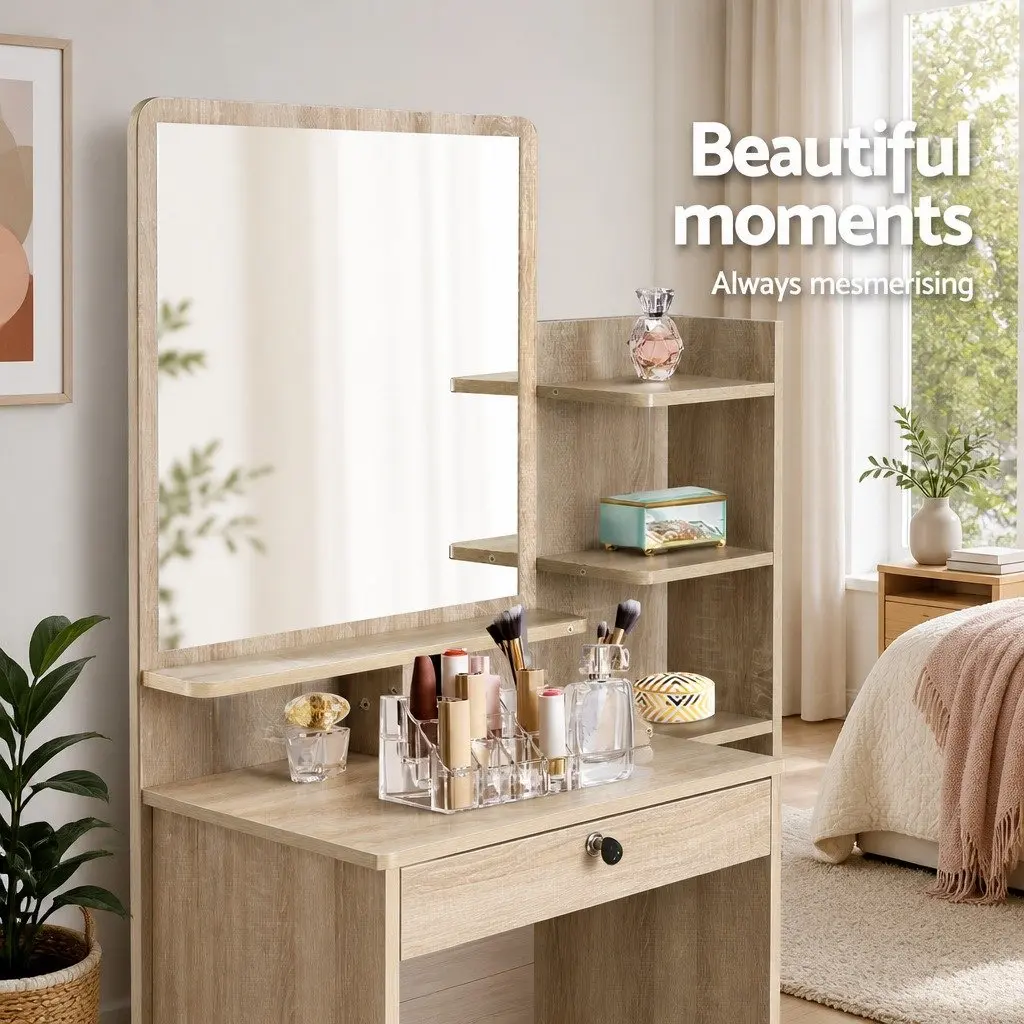 Oak Dressing Table and Stool Set with Mirror