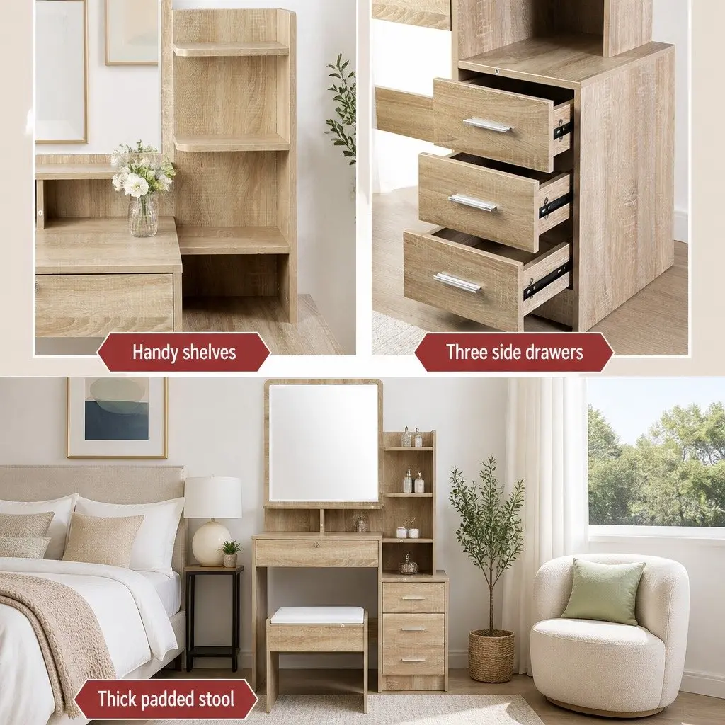 Oak Dressing Table and Stool Set with Mirror
