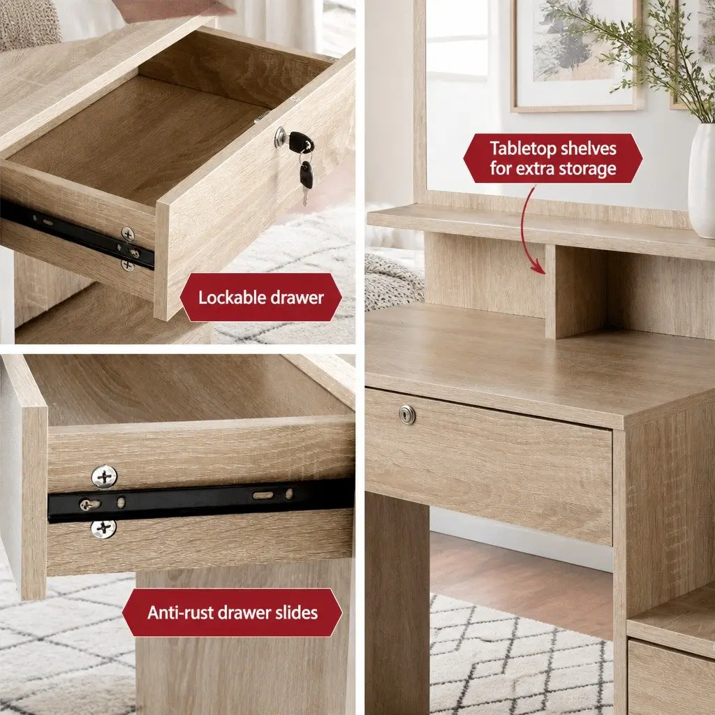 Oak Dressing Table and Stool Set with Mirror