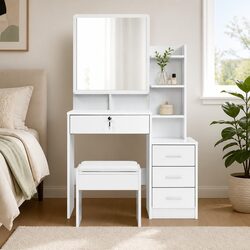 Elegant White Dressing Table with Stool and 4 Drawers